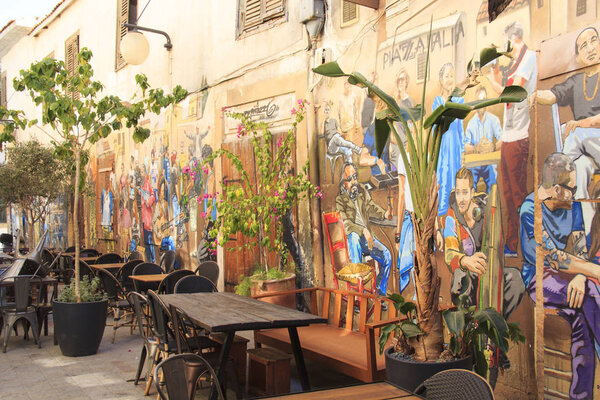Nice view of the historic buildings and cafes in the center of Nicosia, Cyprus