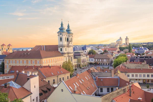 Bela Vista Igreja Minorit Panorama Cidade Eger Hungria Pôr Sol — Fotografia de Stock