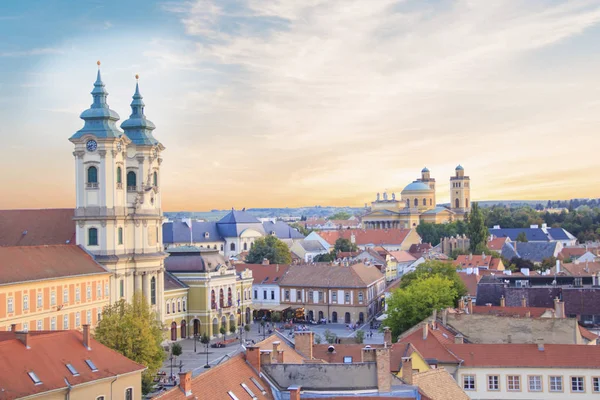 Прекрасним Видом Minorit Церкви Панорамою Міста Егер Угорщини Заході Сонця — стокове фото
