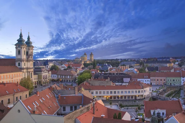 Bela Vista Igreja Minorit Panorama Cidade Eger Hungria Pôr Sol — Fotografia de Stock