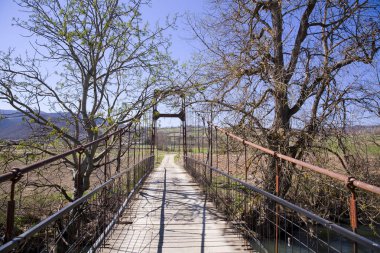 Nehirdeki küçük ahşap asma köprü