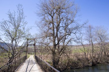 Nehirdeki küçük ahşap asma köprü