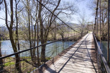 Nehirdeki küçük ahşap asma köprü