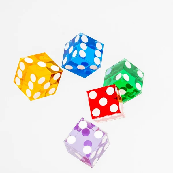 Five color dice over white — Stock Photo, Image