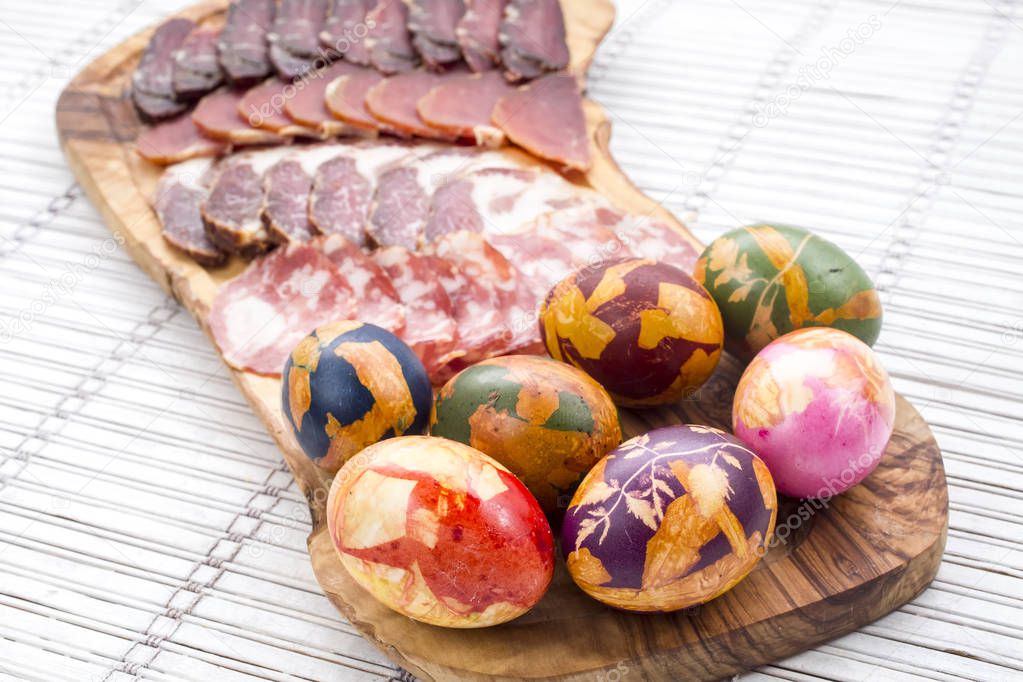 Breakfast Easter eggs and cut ham sausages