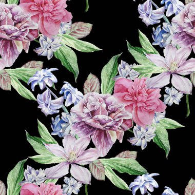 Bahar çiçekleri ile Seamless modeli. Şakayık. Akasma. Sümbül.