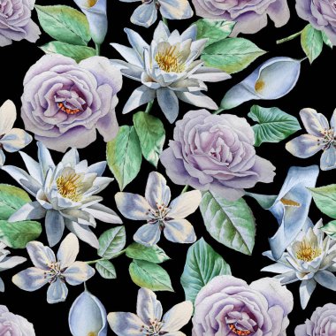 Çiçekler ile Seamless modeli. Rose. Lily. Suluboya resim.