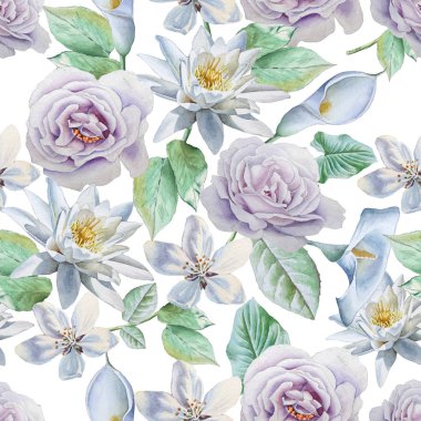 Çiçekler ile Seamless modeli. Rose. Lily. Suluboya resim.