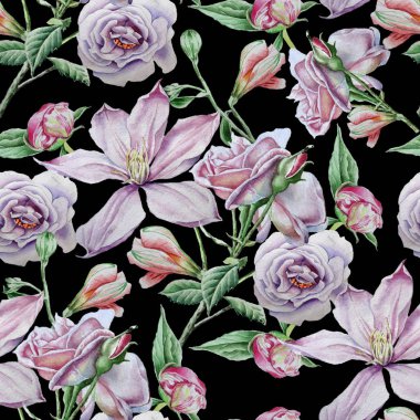 Çiçekler ile Seamless modeli. Akasma. Rose. Alstroemeria. Suluboya resim.