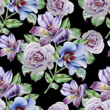 Çiçekler ile Seamless modeli. Alstroemeria. Rose. Suluboya resim.