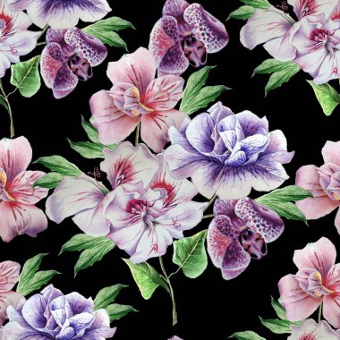 Çiçekler ile Seamless modeli. Petunya. Alstroemeria. Orkide. Suluboya resim.