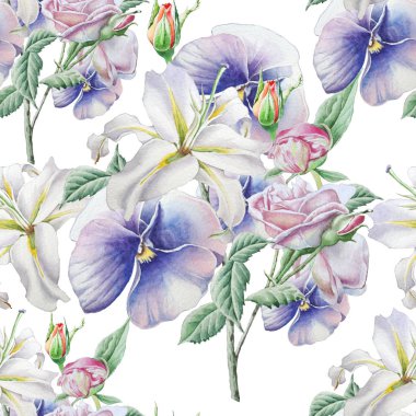 Çiçekler ile Seamless modeli. Lillia'yı. Hercai Menekşe. Rose. Suluboya resim.