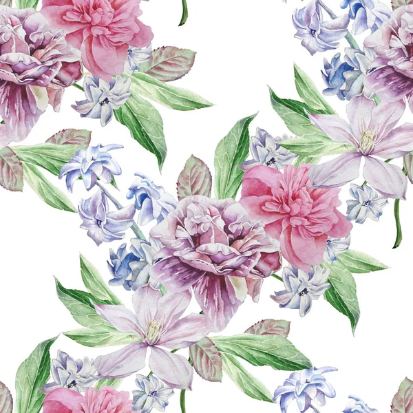 Seamless pattern with spring flowers. Peony. Clematis. Hyacinth. — Stock Photo, Image