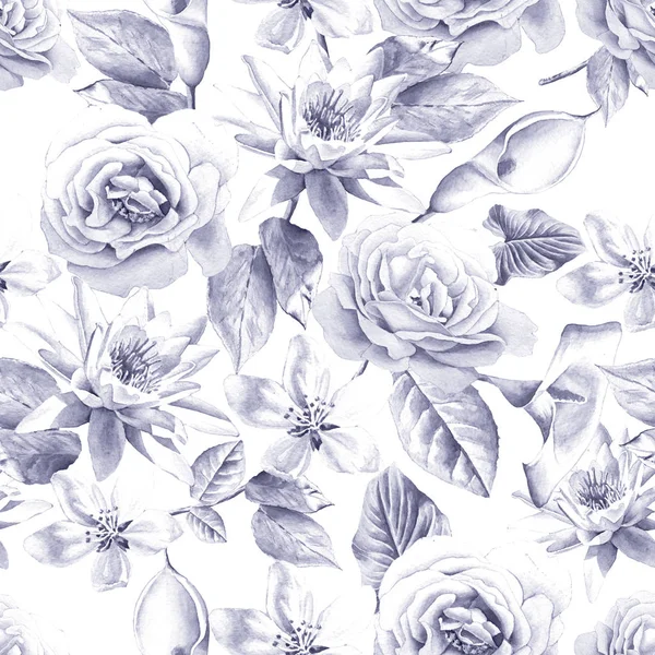 Nahtloses Muster mit Blumen. stieg. Lilie. Aquarellillustration. — Stockfoto