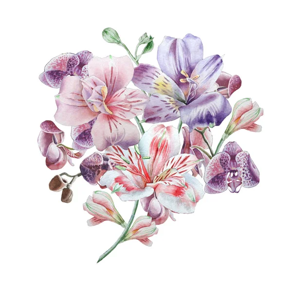 Cartão floral com flores. Alstroemeria. Ilustração aquarela . — Fotografia de Stock