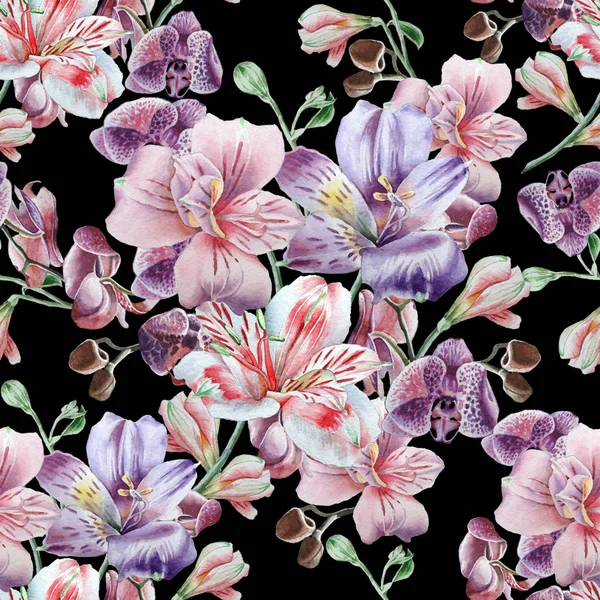 Naadloze patroon met bloemen. Alstroemeria. Aquarel illustratie. — Stockfoto