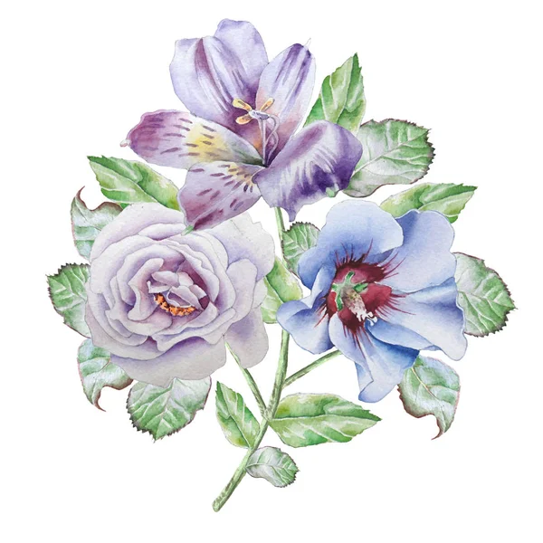 Cartão floral com flores. Alstroemeria. Rose... Ilustração aquarela . — Fotografia de Stock