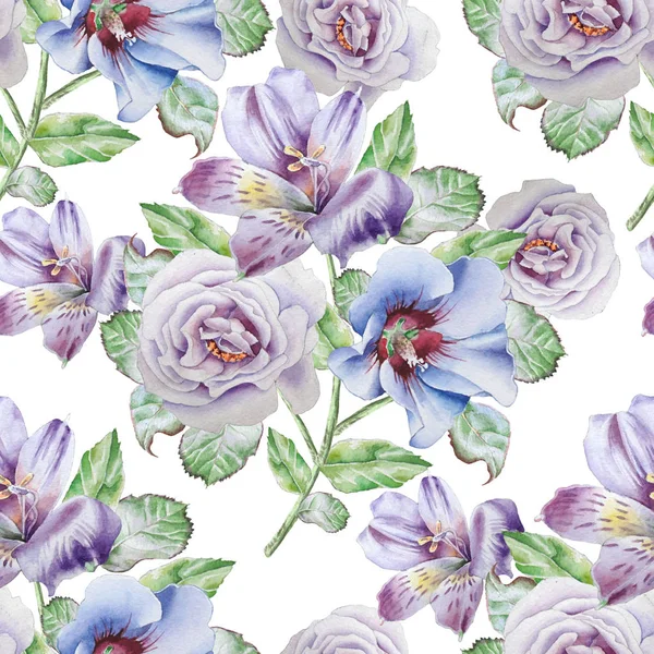 Nahtloses Muster mit Blumen. Alstroemeria. stieg. Aquarellillustration. — Stockfoto