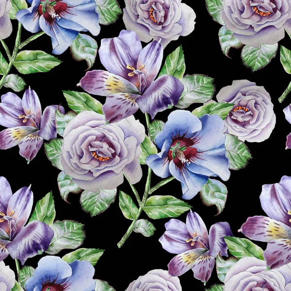 Seamless pattern with flowers. Alstroemeria. Rose. Watercolor illustration.