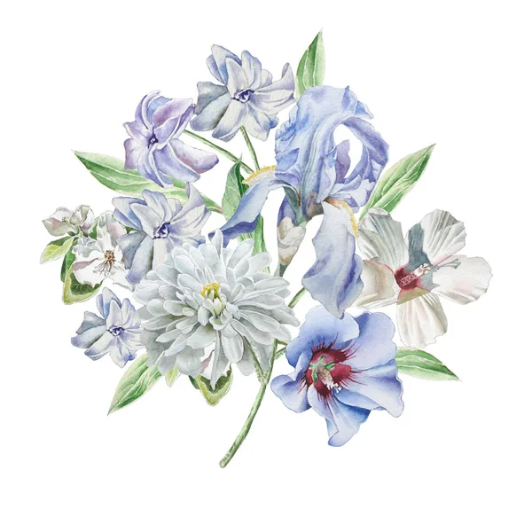 Blumenkarte mit Blumen. Chrysanthemen. Iris. Hyazinthe. Aquarellillustration. — Stockfoto