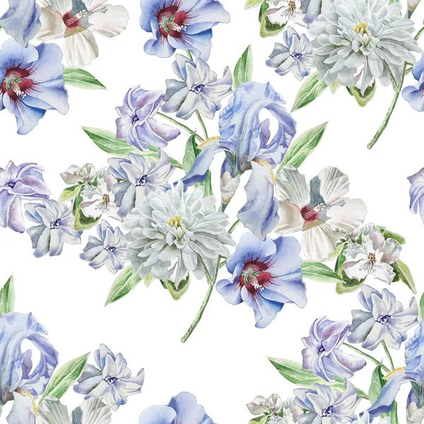花のシームレスなパターン。菊。アイリス。ヒヤシンス。水彩イラスト. — ストック写真