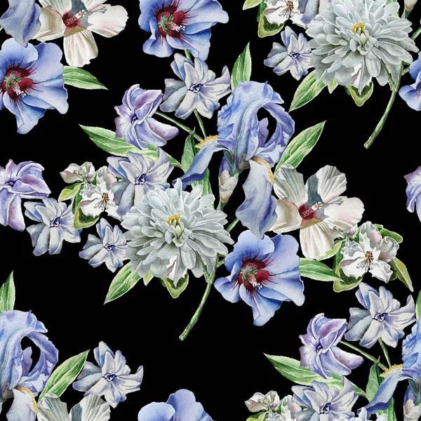 Seamless pattern with flowers. Chrysanthemum. Iris. Hyacinth. Watercolor illustration.