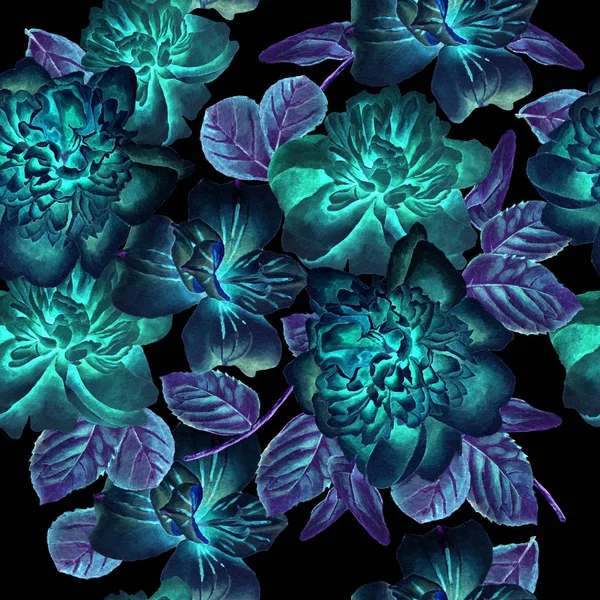 Nahtloses Muster mit Blumen. Alstroemeria. stieg. Pfingstrose. Aquarellillustration. — Stockfoto