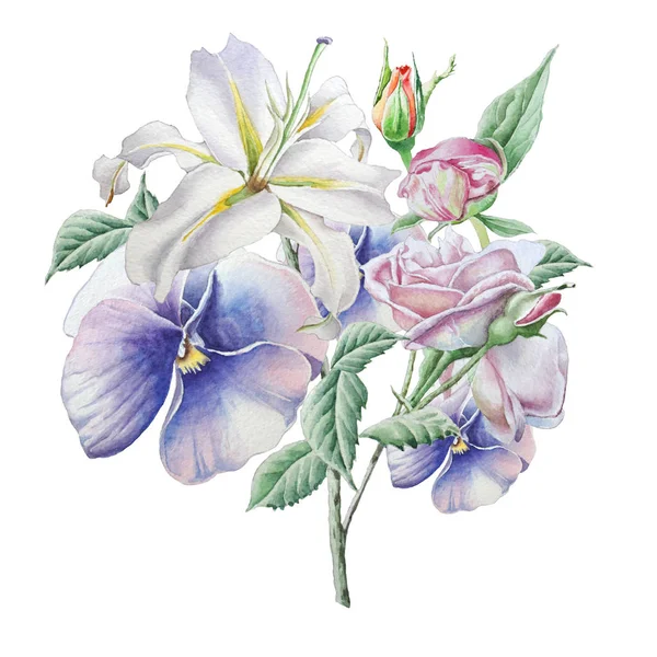 Blumenkarte mit Blumen. Lilie. Stiefmütterchen. stieg. Aquarellillustration. — Stockfoto