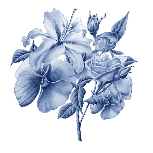 用花的花艺卡。分别。三色紫罗兰。玫瑰。水彩插图. — 图库照片