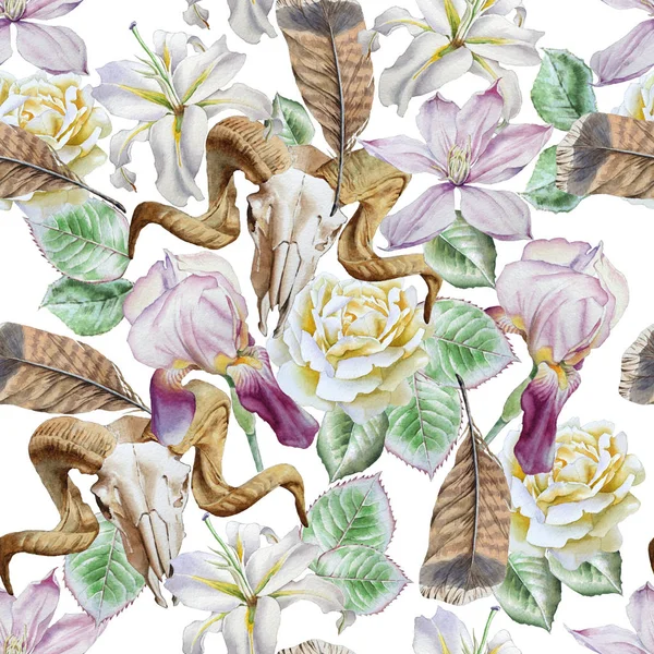 Απρόσκοπτη μοτίβο με λουλούδια και του κρανίου. Ακουαρέλα εικονογράφηση. — Φωτογραφία Αρχείου