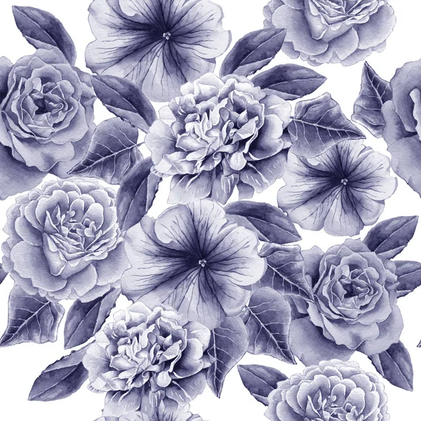 Patrón sin costuras con flores. Peonía. ¡Rose! Petunia. Ilustración en acuarela . —  Fotos de Stock