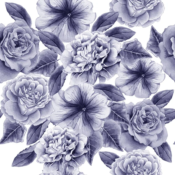 Seamless pattern with flowers. Peony. Rose. Petunia. Watercolor illustration.