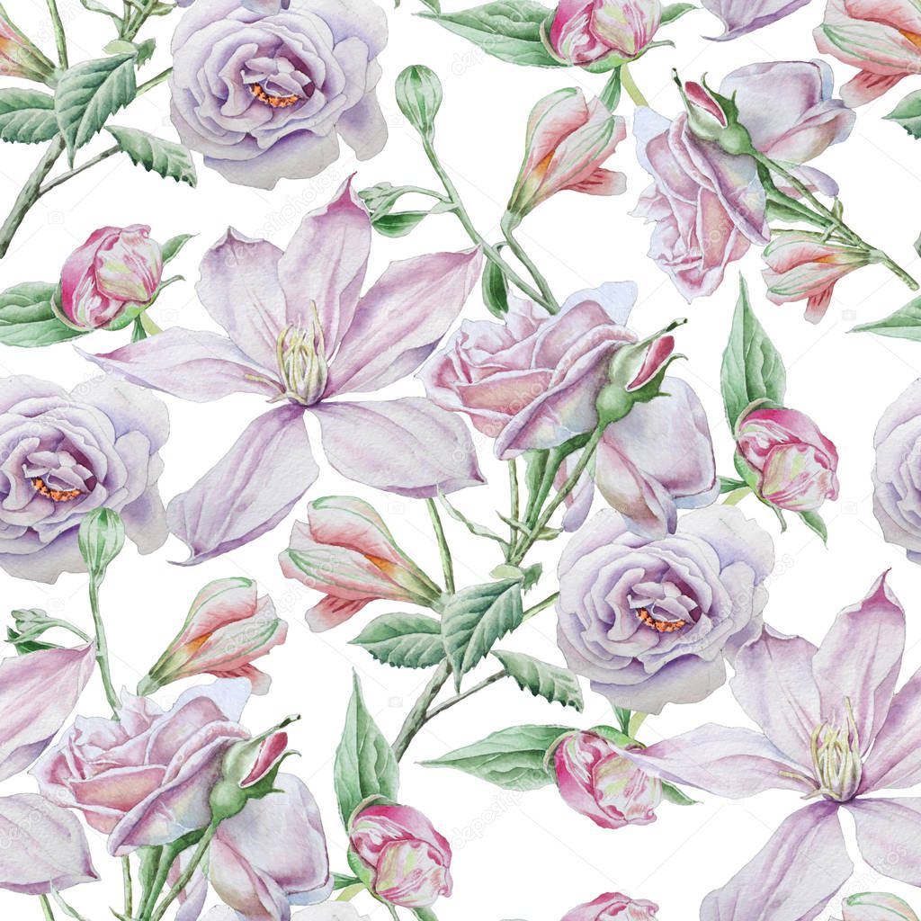 Seamless pattern with flowers. Clematis. Rose. Alstroemeria. Watercolor illustration.