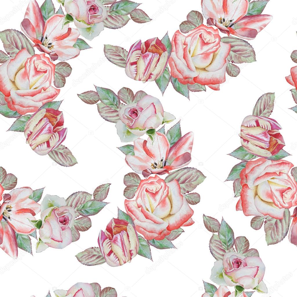 Seamless pattern with flowers. Rose. Tulip. Watercolor illustration.