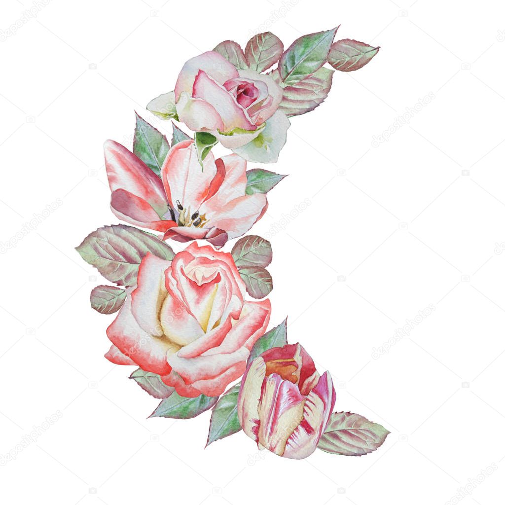 Floral card with flowers. Rose. Tulip. Watercolor illustration.