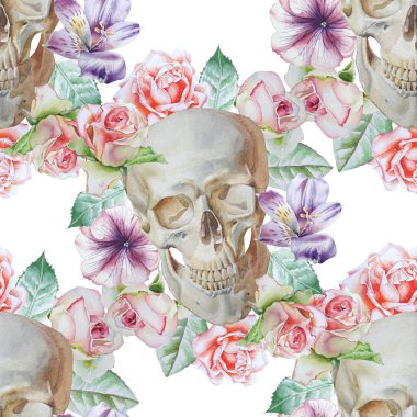 Kafatası ve çiçekler ile Seamless modeli. Suluboya resim.