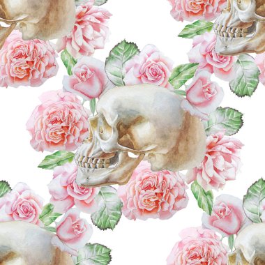 Kafatası ve çiçekler ile Seamless modeli. Suluboya resim.
