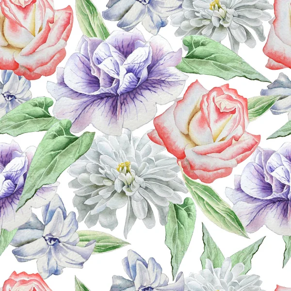 Απρόσκοπτη μοτίβο με λουλούδια. Χρυσάνθεμο. Τριαντάφυλλο. Ακουαρέλα εικονογράφηση. — Φωτογραφία Αρχείου