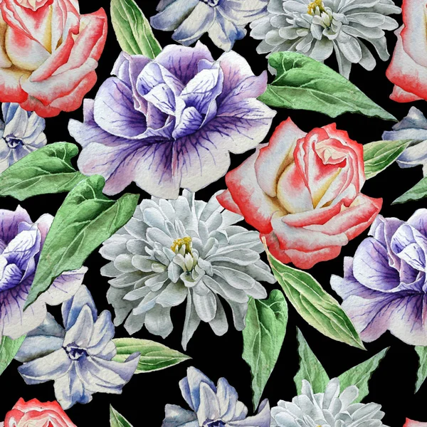 Seamless pattern with flowers. Chrysanthemum. Rose. Watercolor illustration.