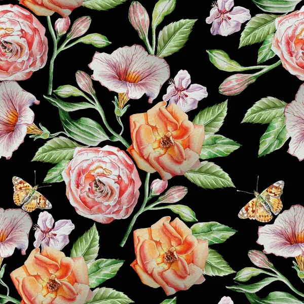 Nahtloses Muster mit Blumen. stieg. Schmetterling. Aquarellillustration. — Stockfoto