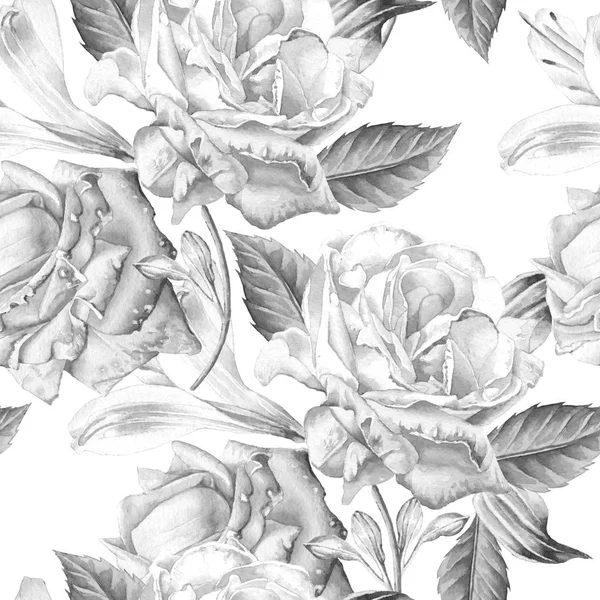 Monochrome seamless pattern with roses. Watercolor illustration. — Stock Photo, Image