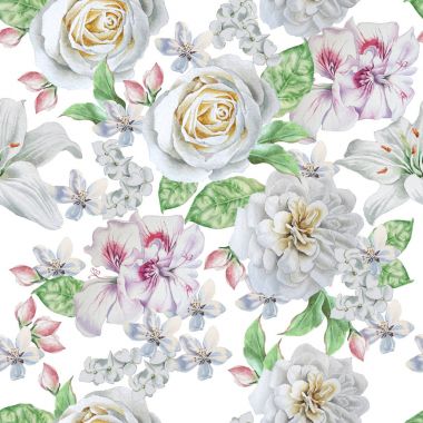 Güzel çiçekler ile Seamless modeli. Rose. Şakayık. Lilia.