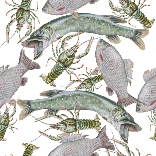 Seamless pattern with canser and fish. Crucian. Pike. — Stock Photo, Image