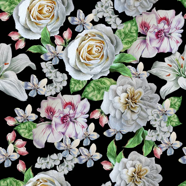 Seamless pattern with beautiful flowers. Rose. Peony. Lilia.