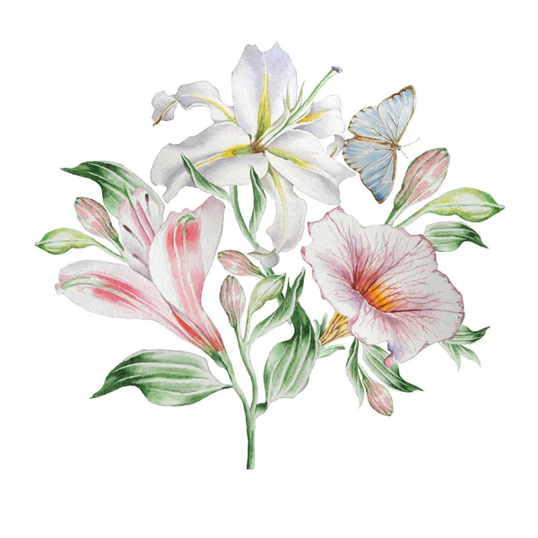 Biglietto floreale con fiori. Lilia. Alstroemeria. Farfalla. Illustrazione ad acquerello . — Foto Stock