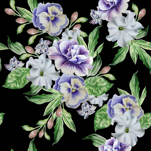 花儿用美丽的无缝模式。矮牵牛。三色紫罗兰. — 图库照片