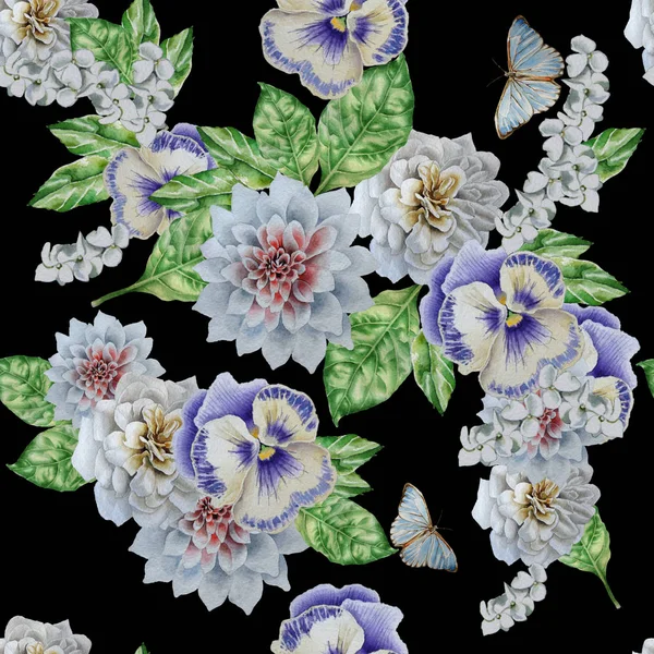 Seamless pattern with beautiful flowers and butterfly. Pansies. Peony.