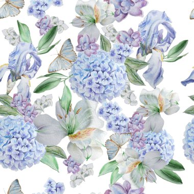 Çiçekler ile Seamless modeli. Iris. Alstroemeria. Ortanca. Kelebekler. Suluboya resim.
