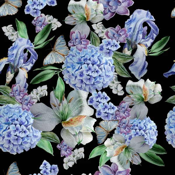 꽃으로 완벽 한 패턴입니다. 아이리스입니다. Alstroemeria입니다. 수 국입니다. 나비입니다. 수채화 그림. — 스톡 사진