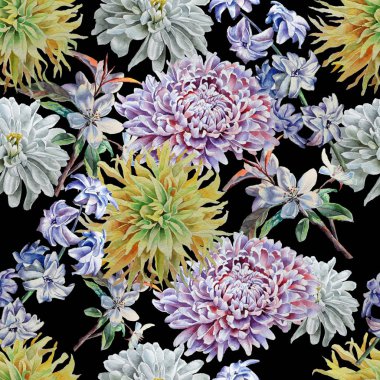 Çiçekler ile Seamless modeli. Krizantem. Sümbül, Şakayık. Suluboya.